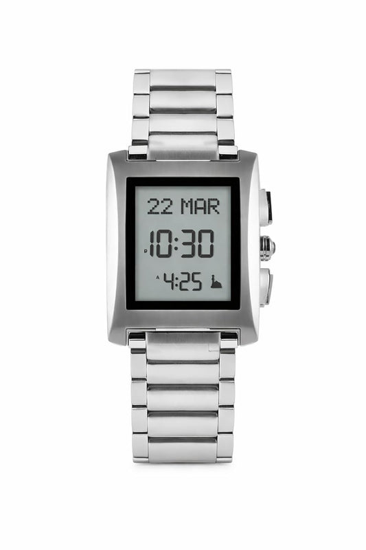 Islamic Prayer Times Digital Watch, Stainless Steel Bracelet, Rectangular Display