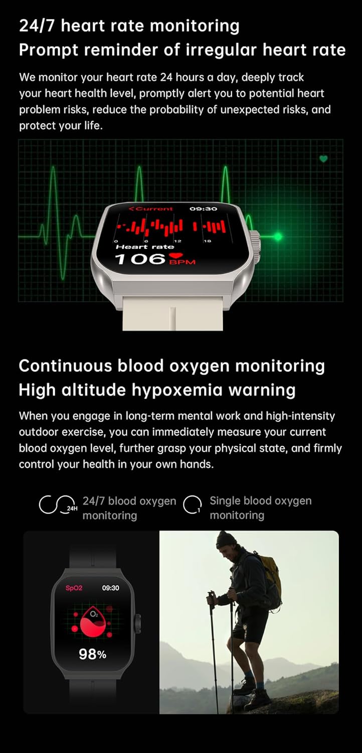THE VENTI MediaTek Smart Watch 1.96inch Super AMOLED 3D Flexible Design Screen Bluetooth Calling Heart Rate IP67 Waterproof Smartwatch for Android iOS (1.96", White)