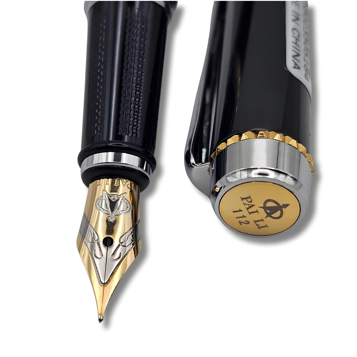 PAILI Premium Gloss Black Fountain Pen – Dual-Tone Silver & Gold Trim, Ergonomic Ribbed Grip, Two-Tone Precision Nib