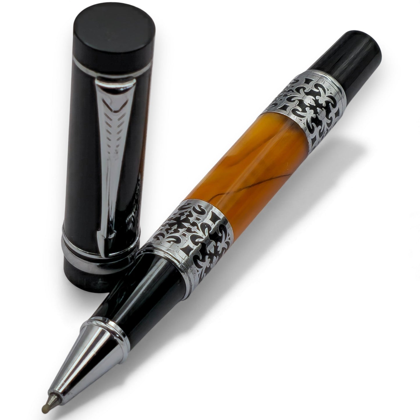 Vintage-Inspired Amber Resin & Silver Filigree Pen