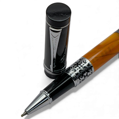 Vintage-Inspired Amber Resin & Silver Filigree Pen