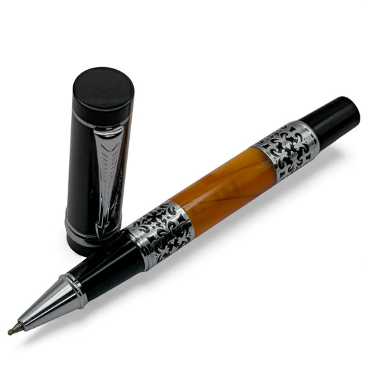 Vintage-Inspired Amber Resin & Silver Filigree Pen