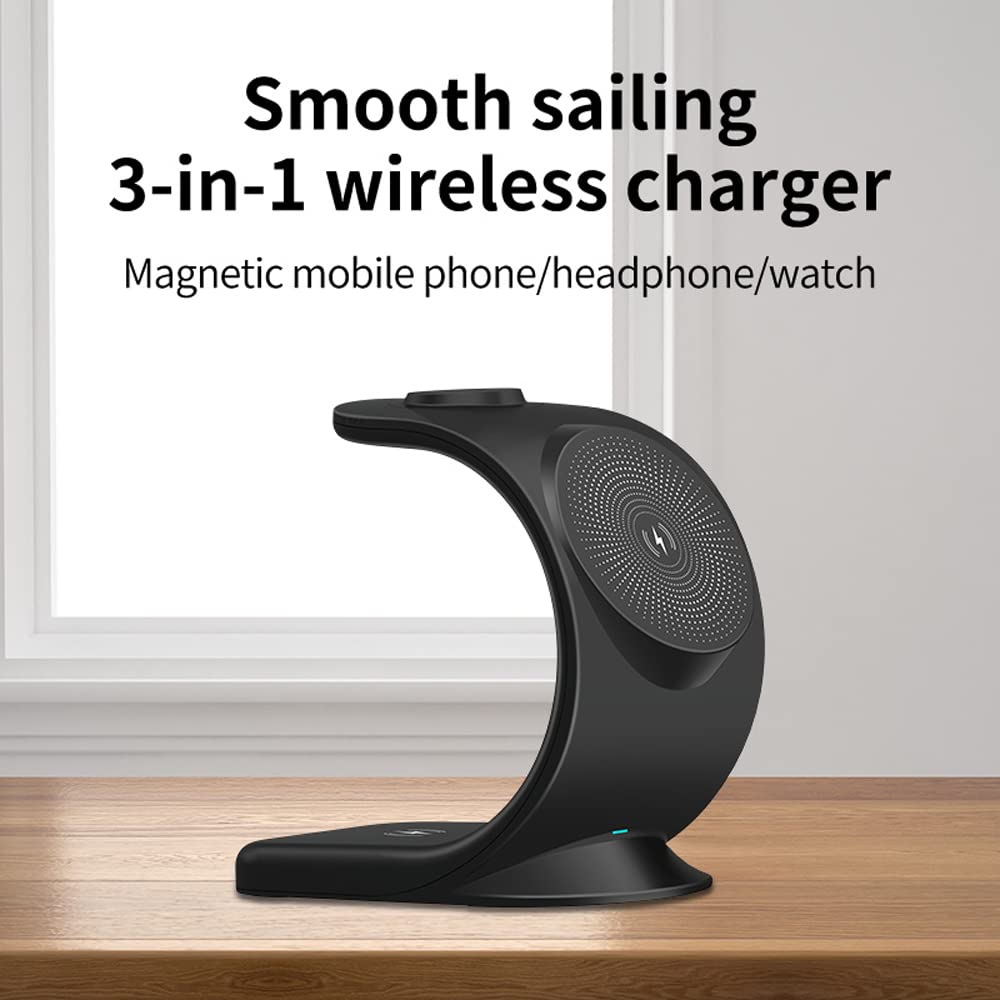 3 in 1 Magnetic Wireless Charger Stand, Sailboat Design Charging Stand Compatible with MagSafe Stand for iPhone 13, 12, Pro Max, Mini, iWatch 2-7, and AirPods3/2/ Pro (Black)