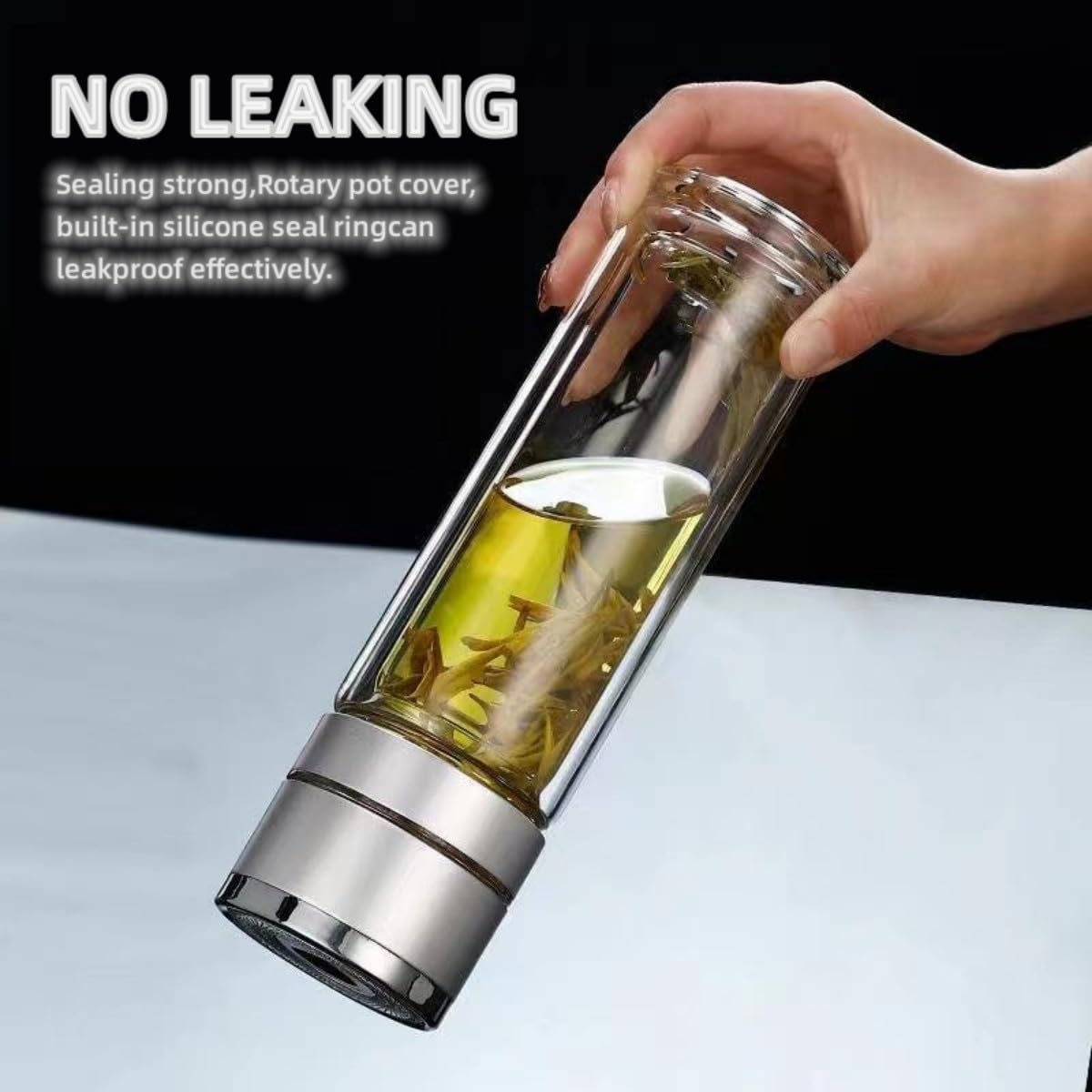 ZMHQLPDZ Tea Infuser Bottle - Double Wall Borosilicate Glass Tea Mug with Stainless Steel Filter - Tea Tumbler with Tea Diffuser - Portable Travel Tea Mug (Silver)
