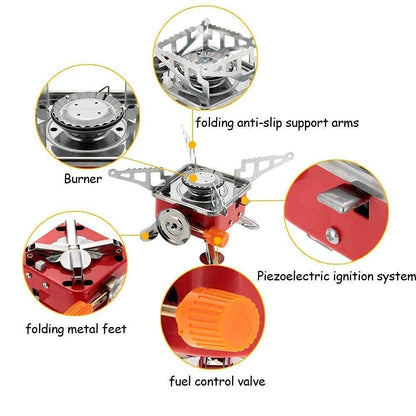 THE VENTI Portable Gas Stove Mini Portable Square-Shaped 2800W Gas Butane Burner Camping Stove travelling Stainless Steel Cooking Stove Folding Furnace Stove with Storage Bag