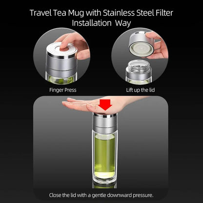 ZMHQLPDZ Tea Infuser Bottle - Double Wall Borosilicate Glass Tea Mug with Stainless Steel Filter - Tea Tumbler with Tea Diffuser - Portable Travel Tea Mug (Silver)