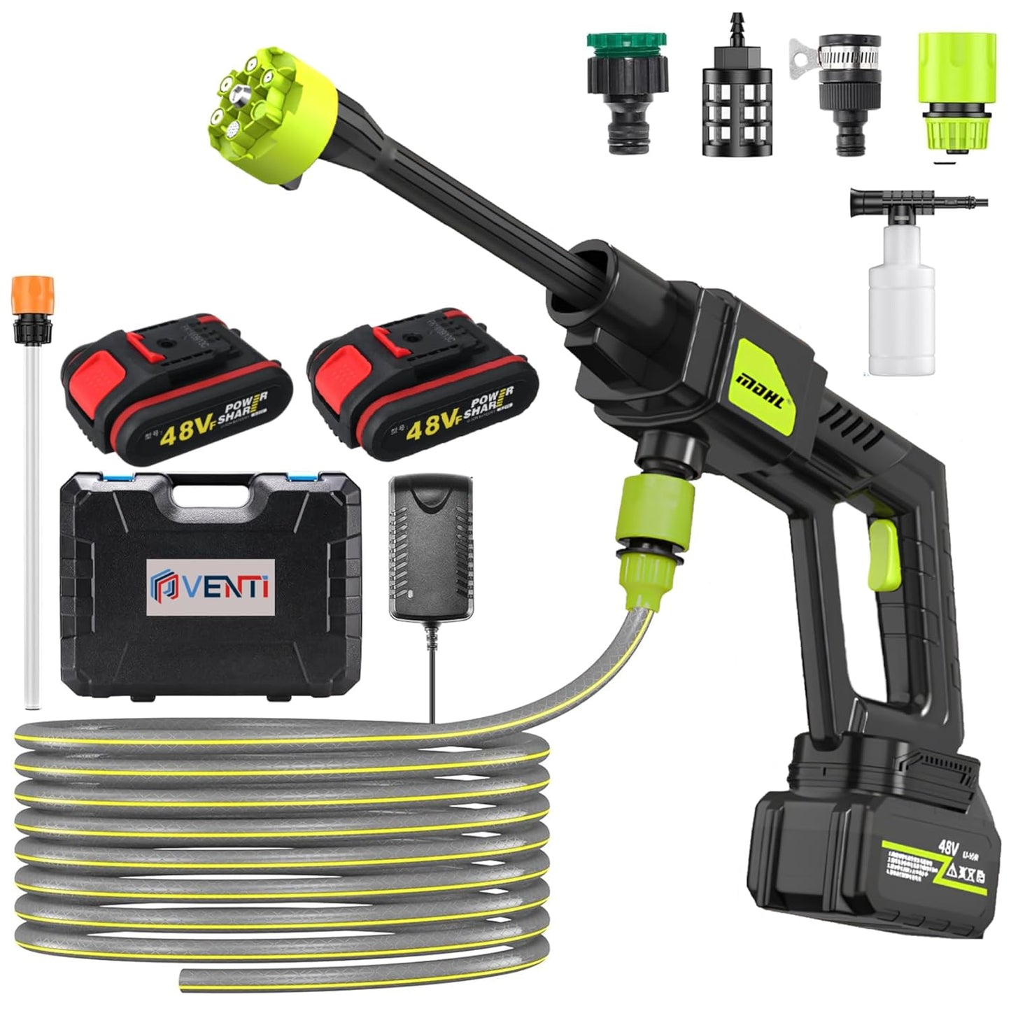 The Venti 48V Portable Pressure Washer with 24000 mAH(12000mAh x 2 Battery),6in1 Nozzle,Rechargeable|Cordless Pressure Washer Gun| Handheld | Car Washer Gun (2 Battery)