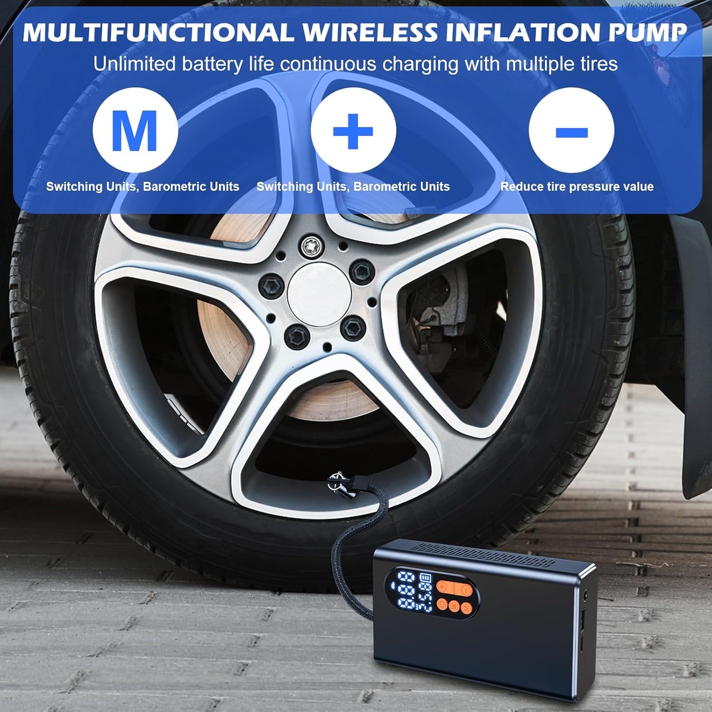 Tire Inflator Portable Air Compressor-150 PSI Tire Pump-Cordless Tire Inflation with Dual Screen Pressure Gauge Emergency Light for Car, Motor, Bike, Ball,Kayak