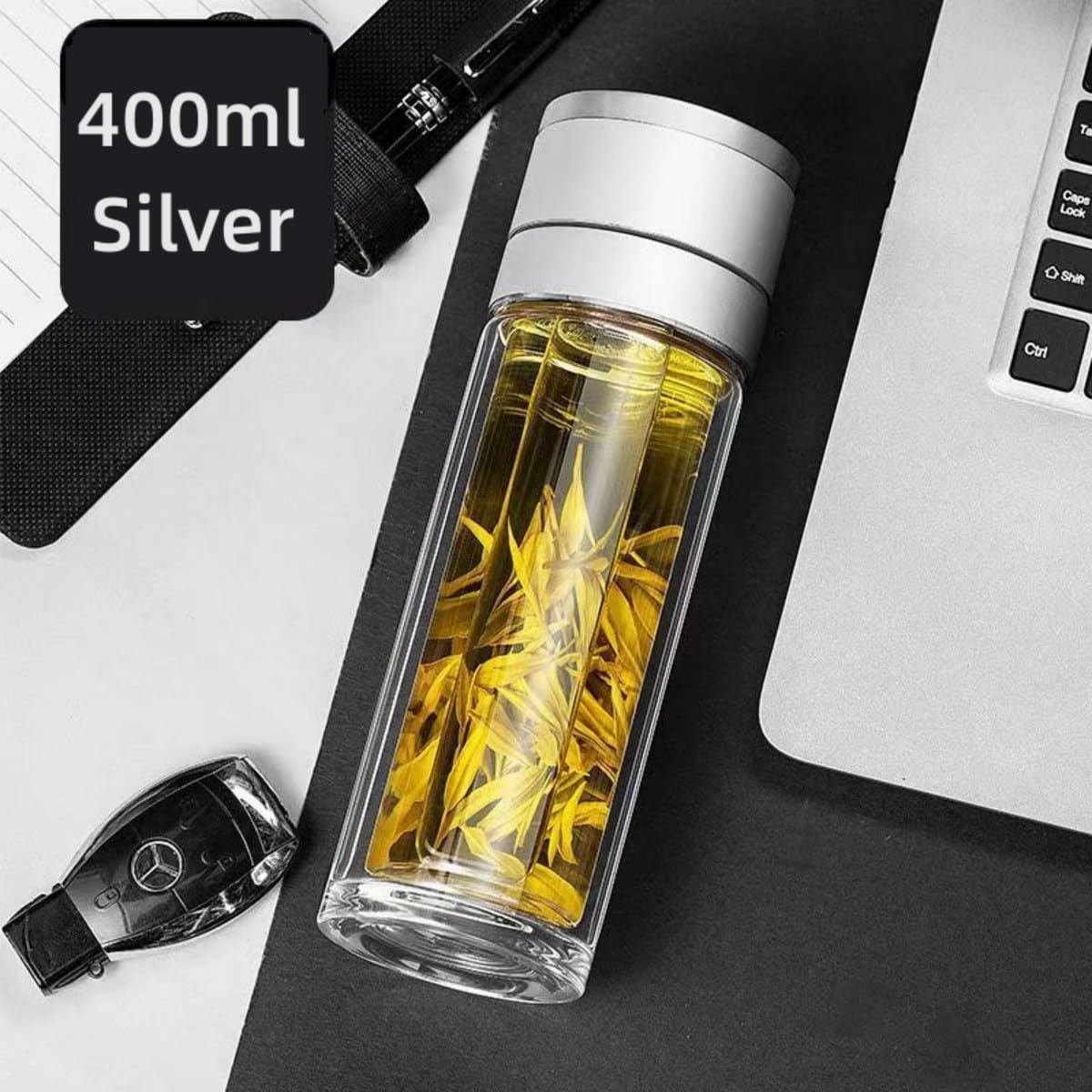 ZMHQLPDZ Tea Infuser Bottle - Double Wall Borosilicate Glass Tea Mug with Stainless Steel Filter - Tea Tumbler with Tea Diffuser - Portable Travel Tea Mug (Silver)