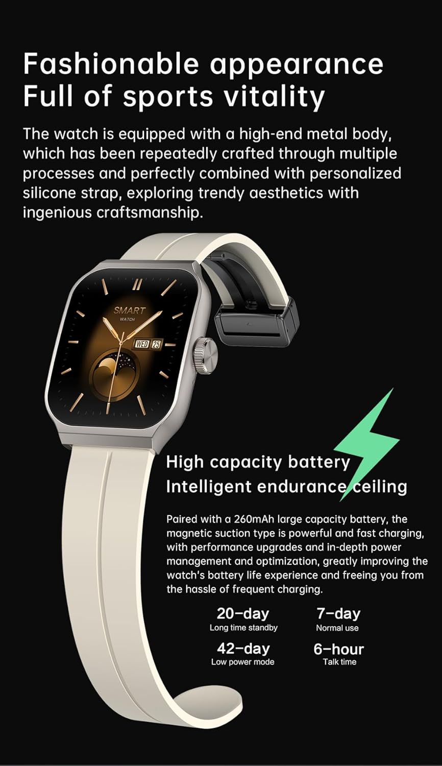 THE VENTI MediaTek Smart Watch 1.96inch Super AMOLED 3D Flexible Design Screen Bluetooth Calling Heart Rate IP67 Waterproof Smartwatch for Android iOS (1.96", White)