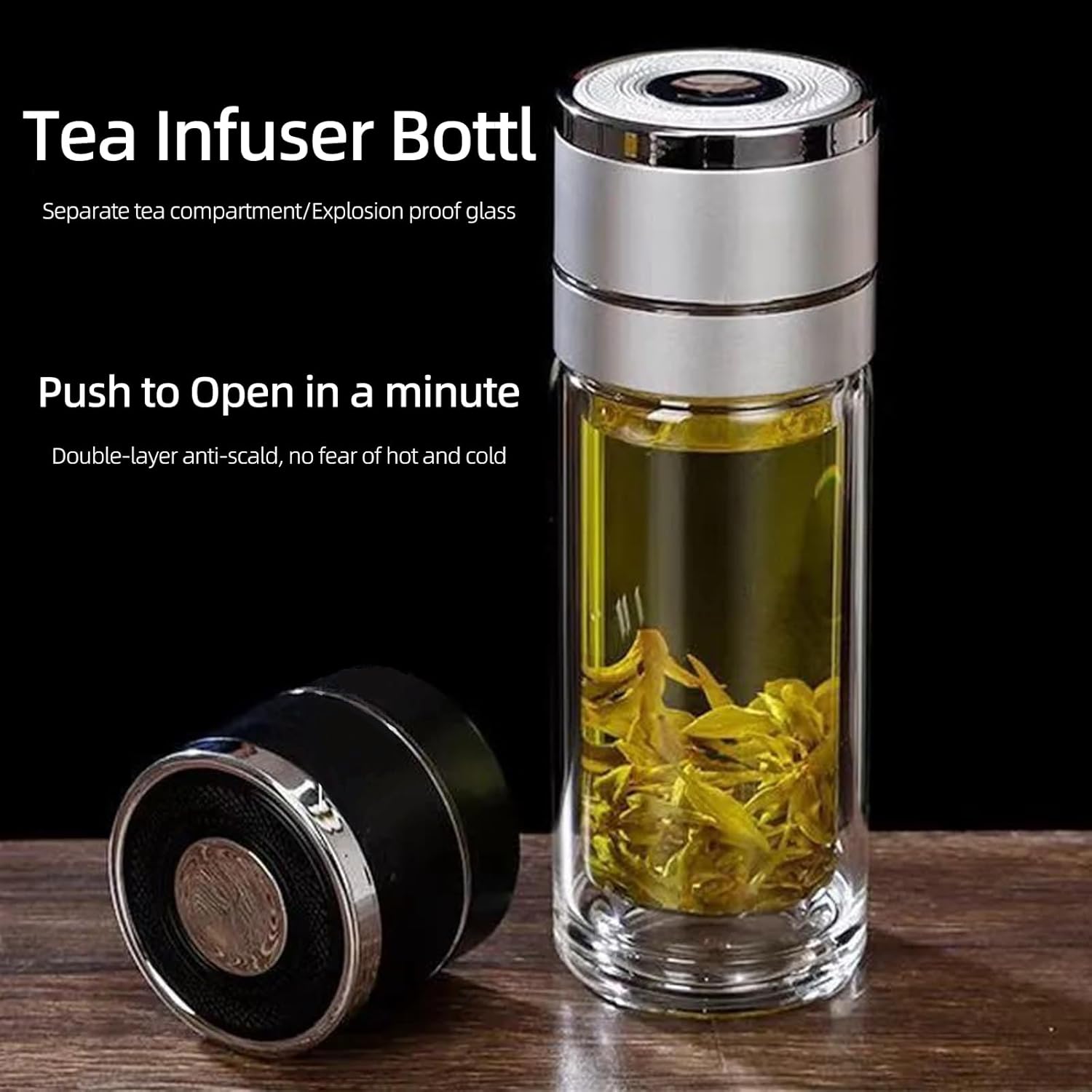 ZMHQLPDZ Tea Infuser Bottle - Double Wall Borosilicate Glass Tea Mug with Stainless Steel Filter - Tea Tumbler with Tea Diffuser - Portable Travel Tea Mug (Silver)