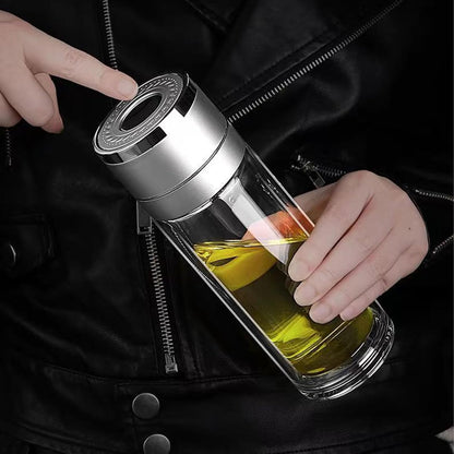 ZMHQLPDZ Tea Infuser Bottle - Double Wall Borosilicate Glass Tea Mug with Stainless Steel Filter - Tea Tumbler with Tea Diffuser - Portable Travel Tea Mug (Silver)