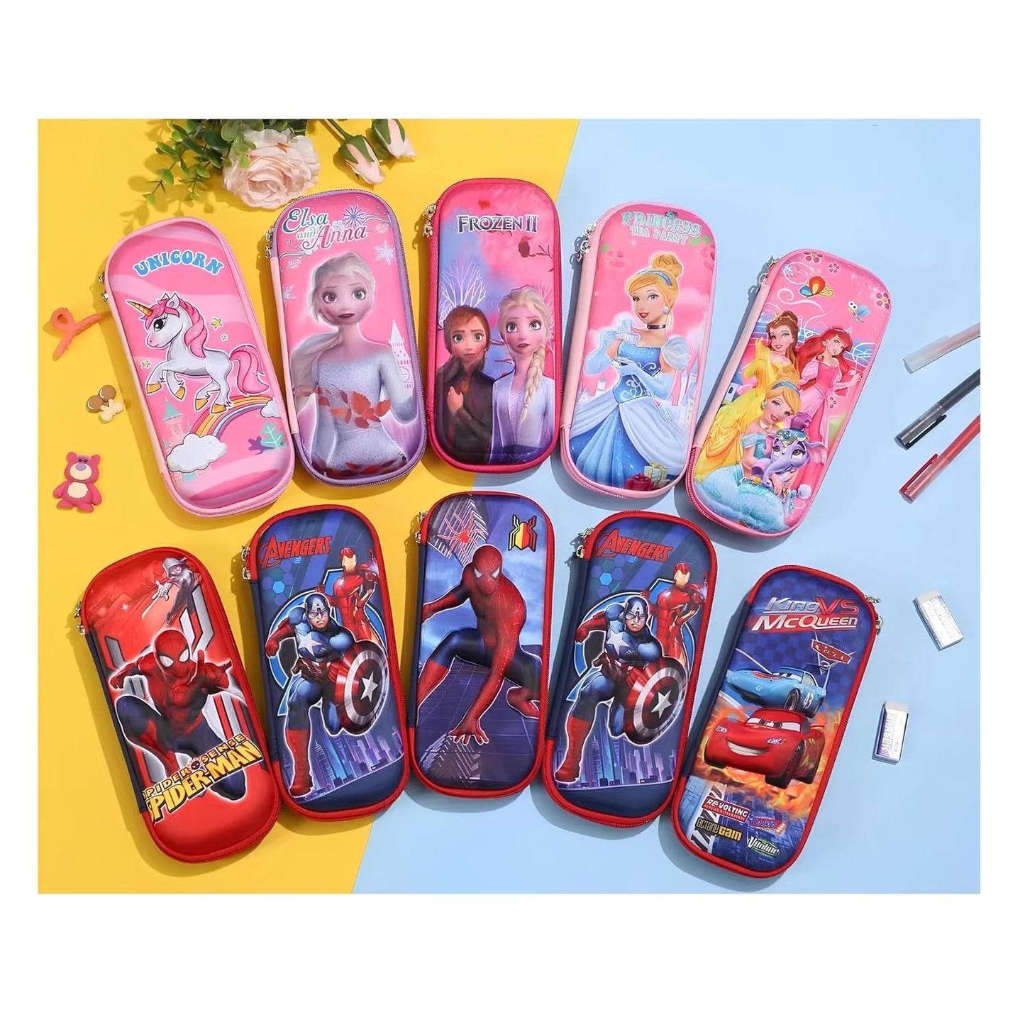 THE VENTI Plastic Soft Pencil Pouch for Kids Cute Themed Luxury Compass Stationary Organizer Box for Girls, Boys (Multicolor) (SH-55)(Random Design)(Pack of 1)