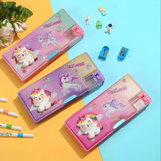 THE VENTI Plastic Unicorn Magnetic Pencil Case with Sharpener for Kids Cute Themed Luxury Compass Stationary Organizer Box for Girls, Boys (Multicolor) (BC-810)(Pack of 1)