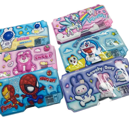 THE VENTI Plastic Magnetic Pencil Case with Sharpener For Kids Cute Themed Luxury Compass Stationary Organizer Box For Girls, Boys (Random Design) (YH-0005) (Pack of 1), Multicolor