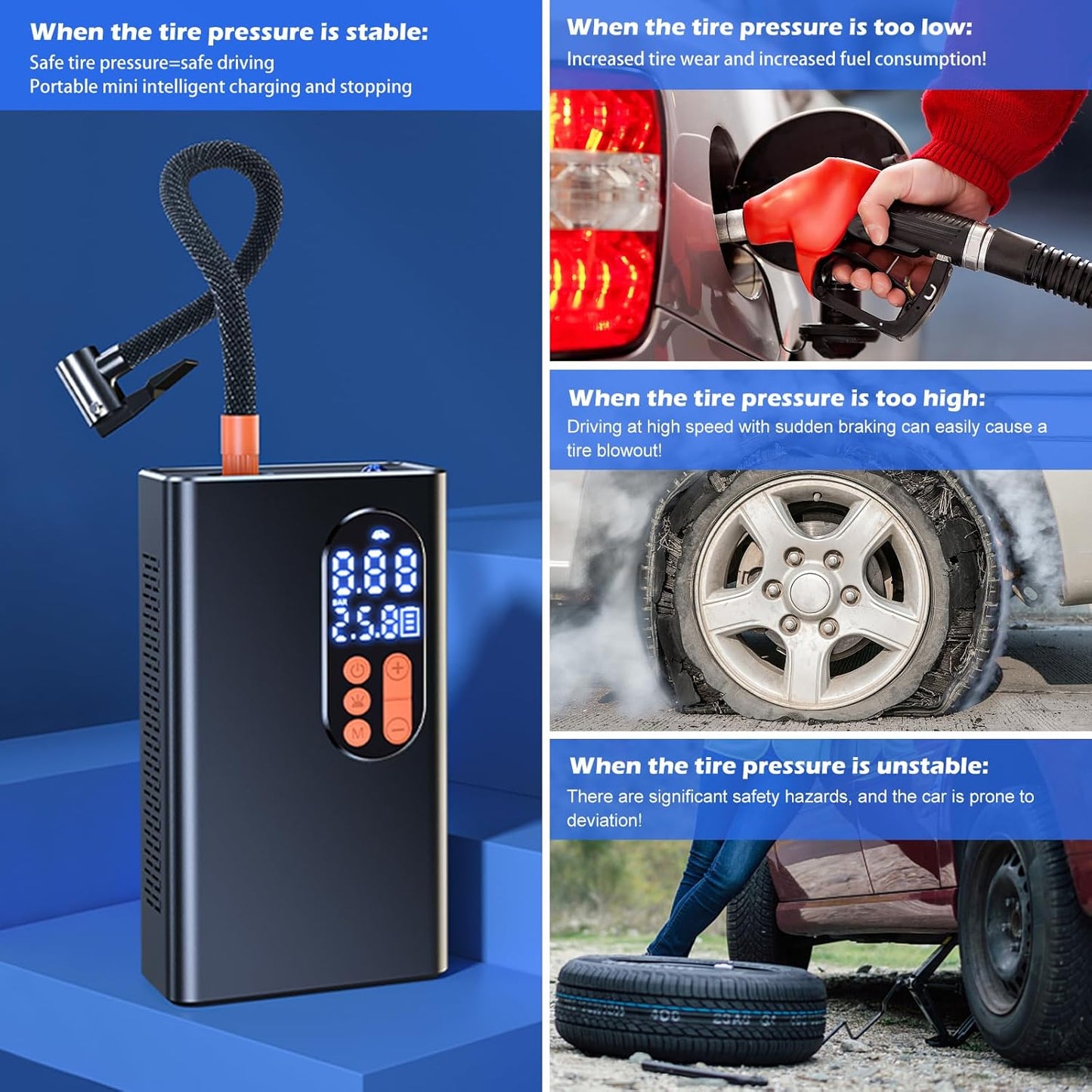Tire Inflator Portable Air Compressor-150 PSI Tire Pump-Cordless Tire Inflation with Dual Screen Pressure Gauge Emergency Light for Car, Motor, Bike, Ball,Kayak