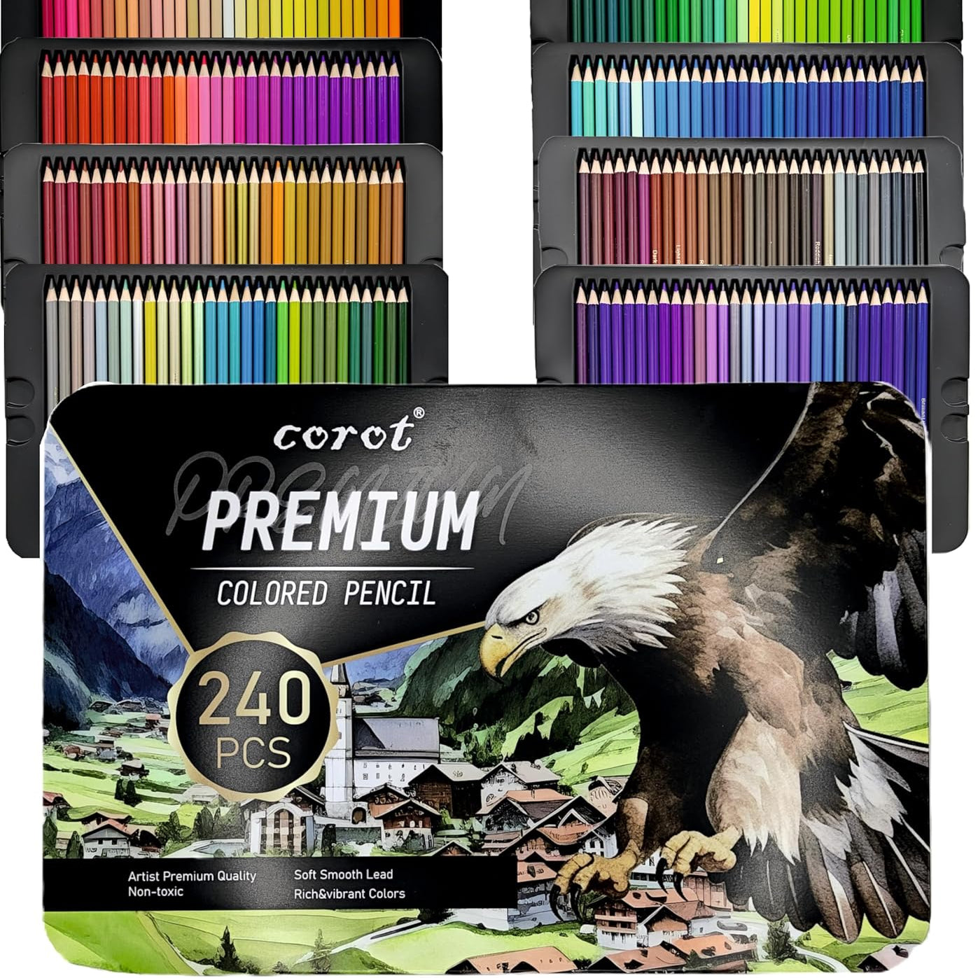 Corot Premium Coloured Pencils, 240 Pieces, Professional Art Set with Rich Vibrant Colours (Tin Box, 240Pcs)
