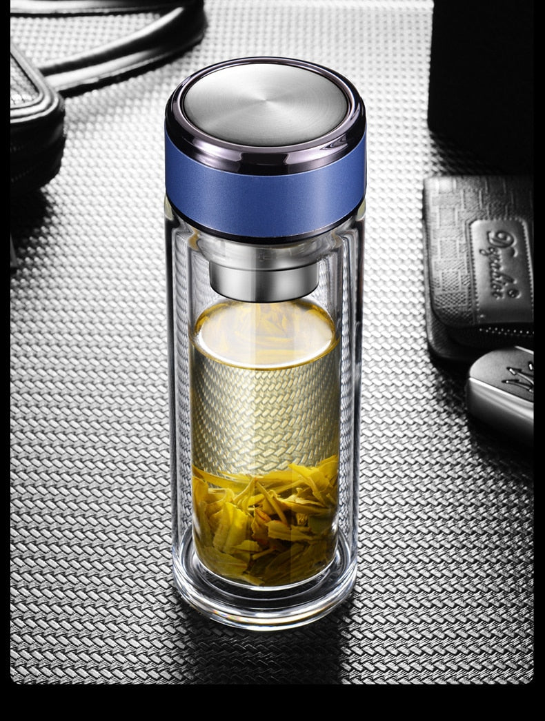 Double Wall Glass Tea Bottle with Infuser & Strainer – 300ml Travel Cup