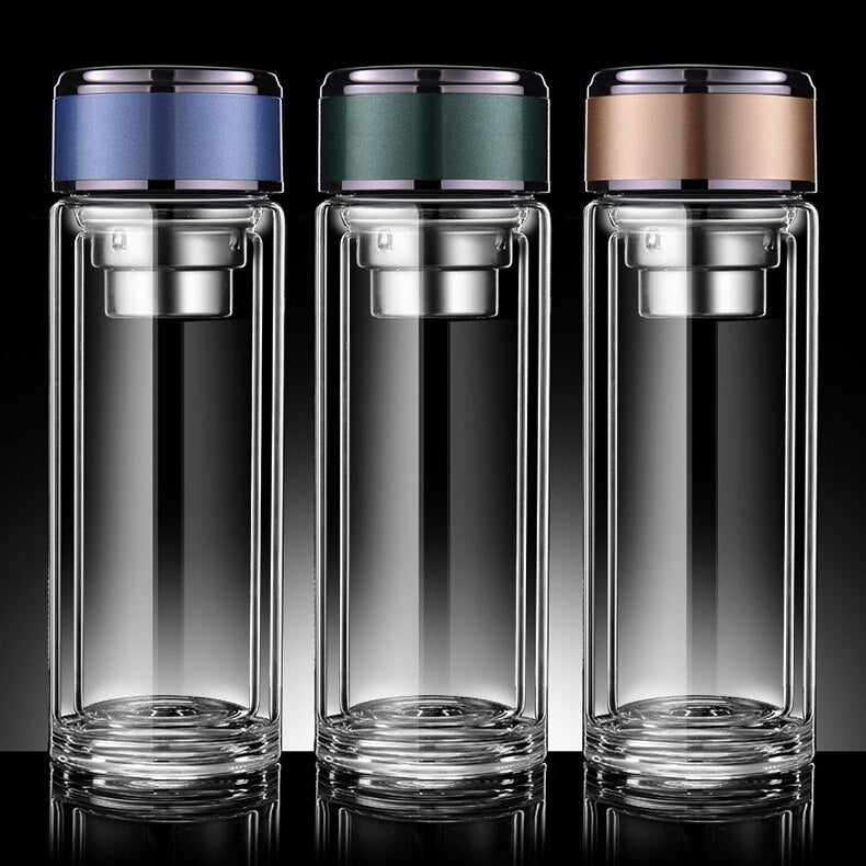 Double Wall Glass Tea Bottle with Infuser & Strainer – 300ml Travel Cup
