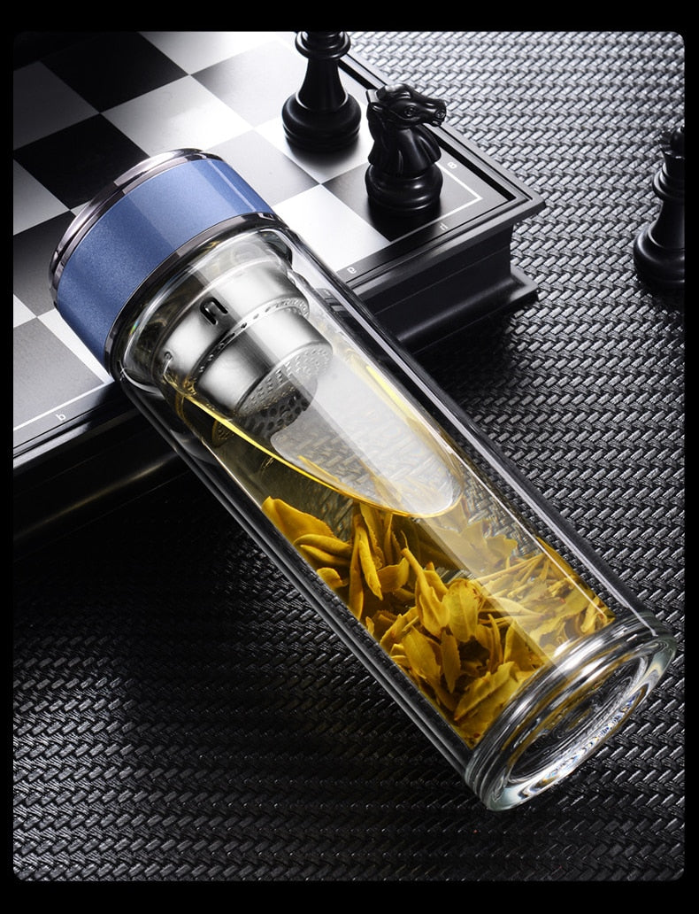 Double Wall Glass Tea Bottle with Infuser & Strainer – 300ml Travel Cup