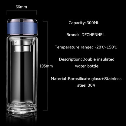 Double Wall Glass Tea Bottle with Infuser & Strainer – 300ml Travel Cup