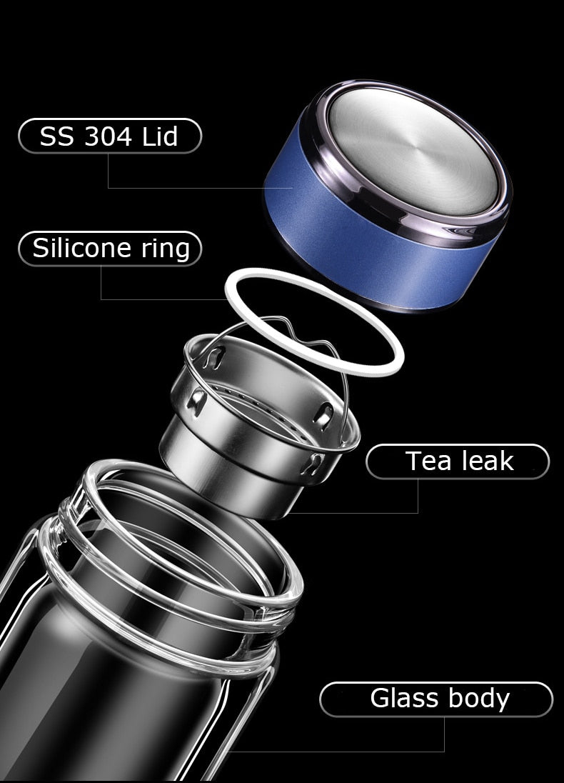Double Wall Glass Tea Bottle with Infuser & Strainer – 300ml Travel Cup