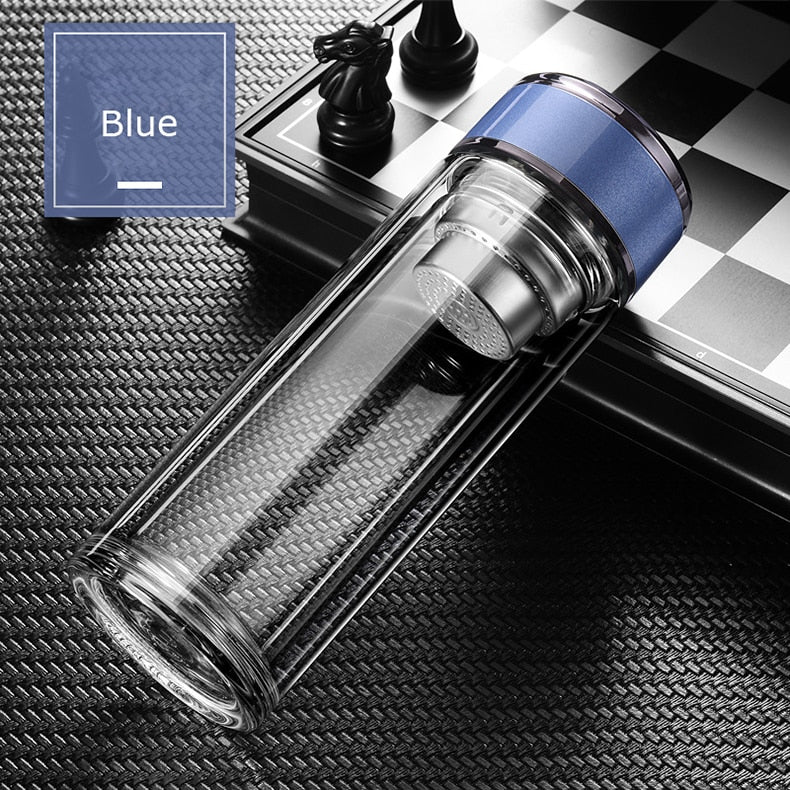 Double Wall Glass Tea Bottle with Infuser & Strainer – 300ml Travel Cup