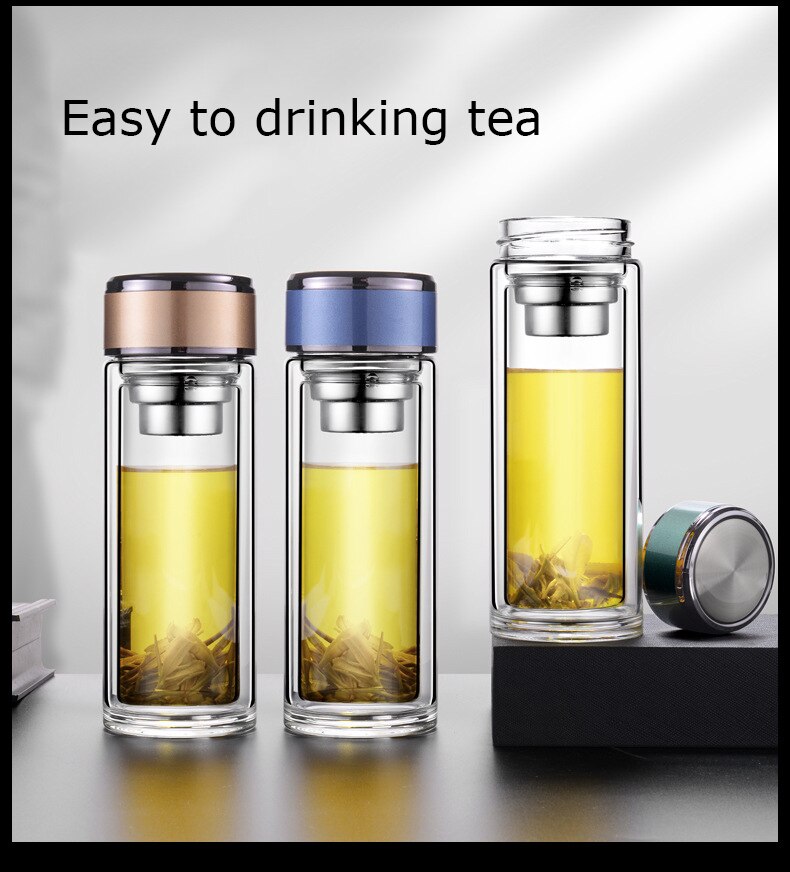 Double Wall Glass Tea Bottle with Infuser & Strainer – 300ml Travel Cup