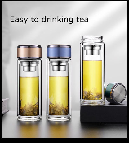 Double Wall Glass Tea Bottle with Infuser & Strainer – 300ml Travel Cup