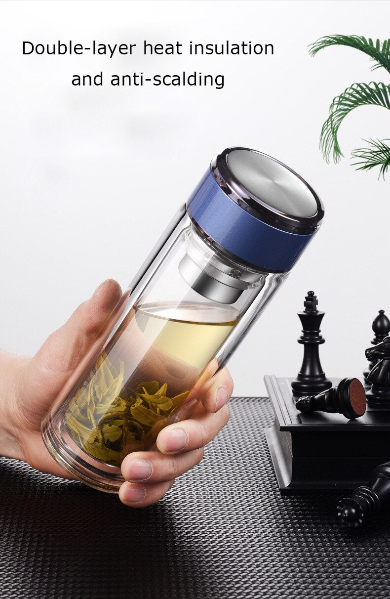 Double Wall Glass Tea Bottle with Infuser & Strainer – 300ml Travel Cup