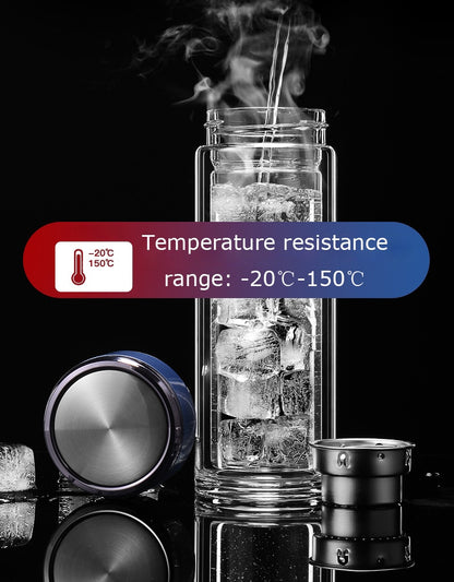 Double Wall Glass Tea Bottle with Infuser & Strainer – 300ml Travel Cup