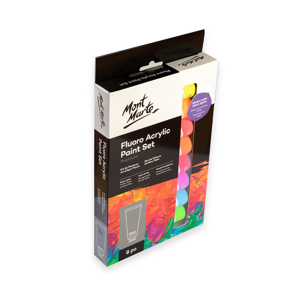 Mont Marte Fluoro Acrylic Paint Set Premium 8pc x 36ml.