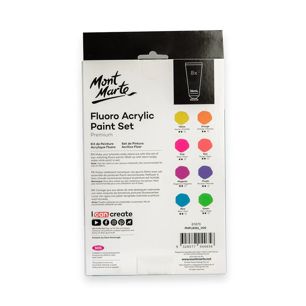 Mont Marte Fluoro Acrylic Paint Set Premium 8pc x 36ml.