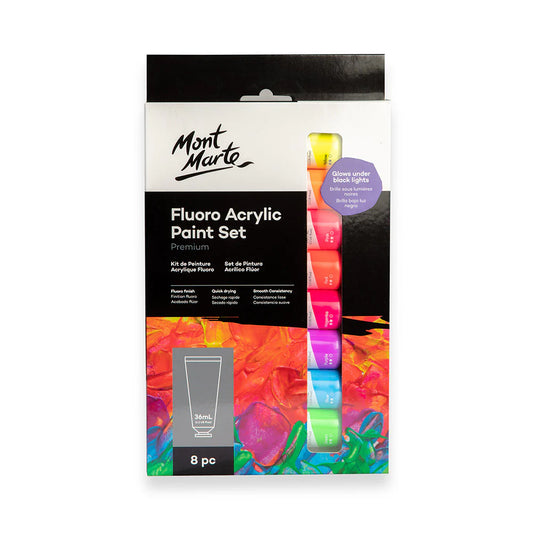 Mont Marte Fluoro Acrylic Paint Set Premium 8pc x 36ml.