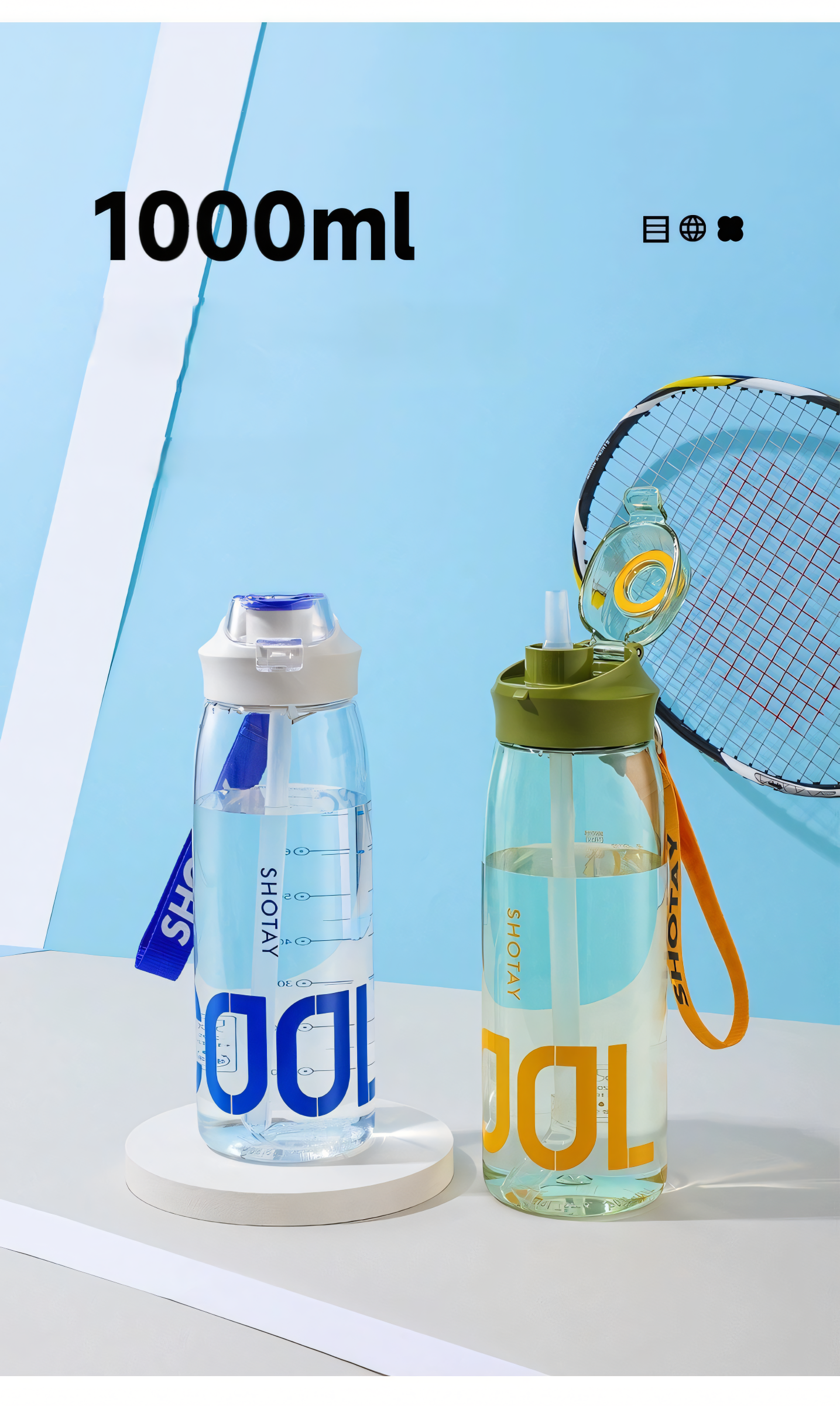 SHOTAY "COOL" Sports Water Bottle with Flip-Top Straw & Woven Lanyard – Leak-Proof Active Hydration Flask with Measurement Markers for Gym, Tennis & Outdoors  Key Features (Bullet Points) ST 6265