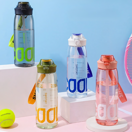 SHOTAY "COOL" Sports Water Bottle with Flip-Top Straw & Woven Lanyard – Leak-Proof Active Hydration Flask with Measurement Markers for Gym, Tennis & Outdoors  Key Features (Bullet Points) ST 6265