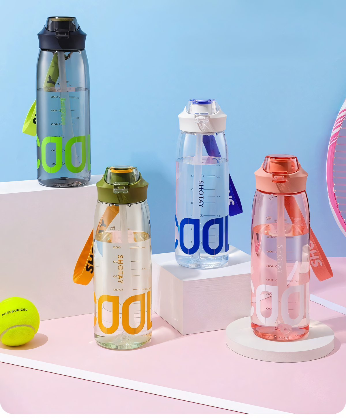 SHOTAY Sports Water Bottle with Flip-Top Straw & Woven Lanyard ST 6265- 1L