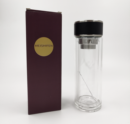 Double Wall Glass Tea Bottle with Infuser & Strainer – 300ml Travel Cup