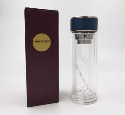Double Wall Glass Tea Bottle with Infuser & Strainer – 300ml Travel Cup