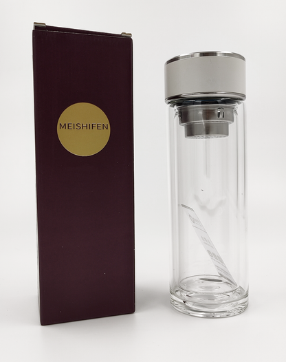 Double Wall Glass Tea Bottle with Infuser & Strainer – 300ml Travel Cup