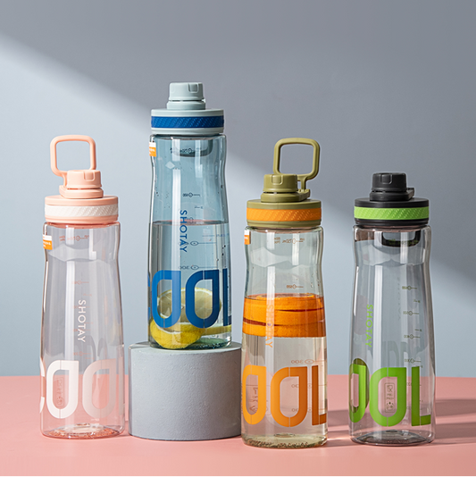 SHOTAY "COOL" Clear Sports Water Bottle with Carry Handle & Measurement Markers – Leak-Proof, Fruit Infusion Friendly Reusable Hydration Flask for Gym, Office, and Outdoors ST 6000