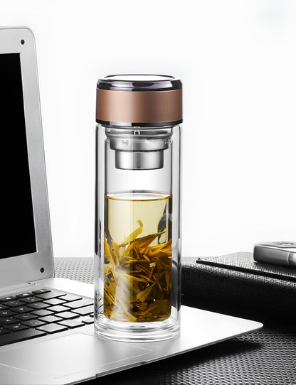 Double Wall Glass Tea Bottle with Infuser & Strainer – 300ml Travel Cup