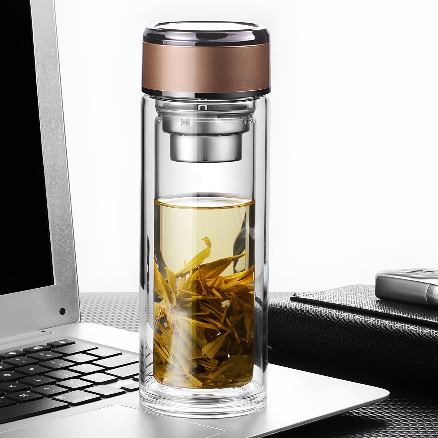 Double Wall Glass Tea Bottle with Infuser & Strainer – 300ml Travel Cup