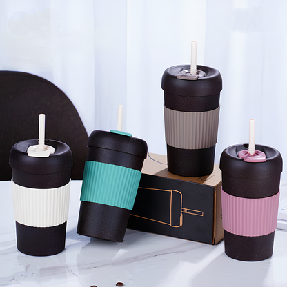 MOOD Eco-Friendly Reusable Travel Coffee cupwith Silicone Grip & Straw