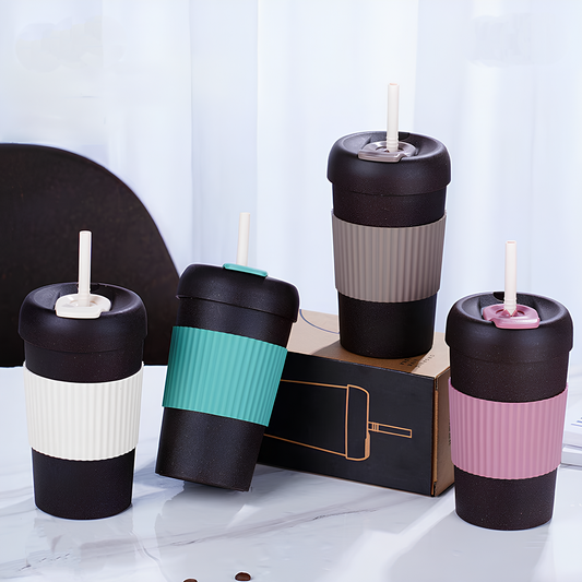 MOOD Eco-Friendly Reusable Travel Coffee cupwith Silicone Grip & Straw