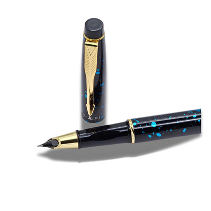PAILI Celestial Splatter Resin Fountain Pen – Classic Hooded Nib, Gold-Tone Arrow Clip, Ergonomic Grip (Available in Blue, Gold, & Green)