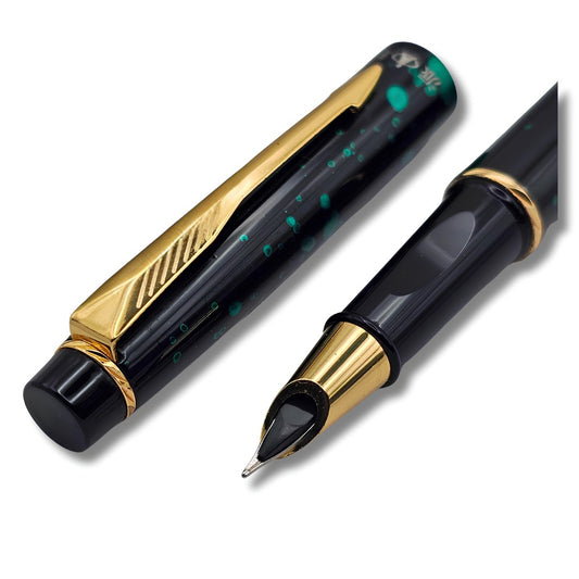 PAILI Celestial Splatter Resin Fountain Pen – Classic Hooded Nib, Gold-Tone Arrow Clip, Ergonomic Grip (Available in Blue, Gold, & Green)