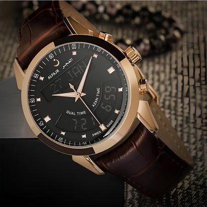 ALFAJR Legend 360 Leather Men's Watch, Dual Time Analog-Digital Display, Prayer Times, White, 40mm