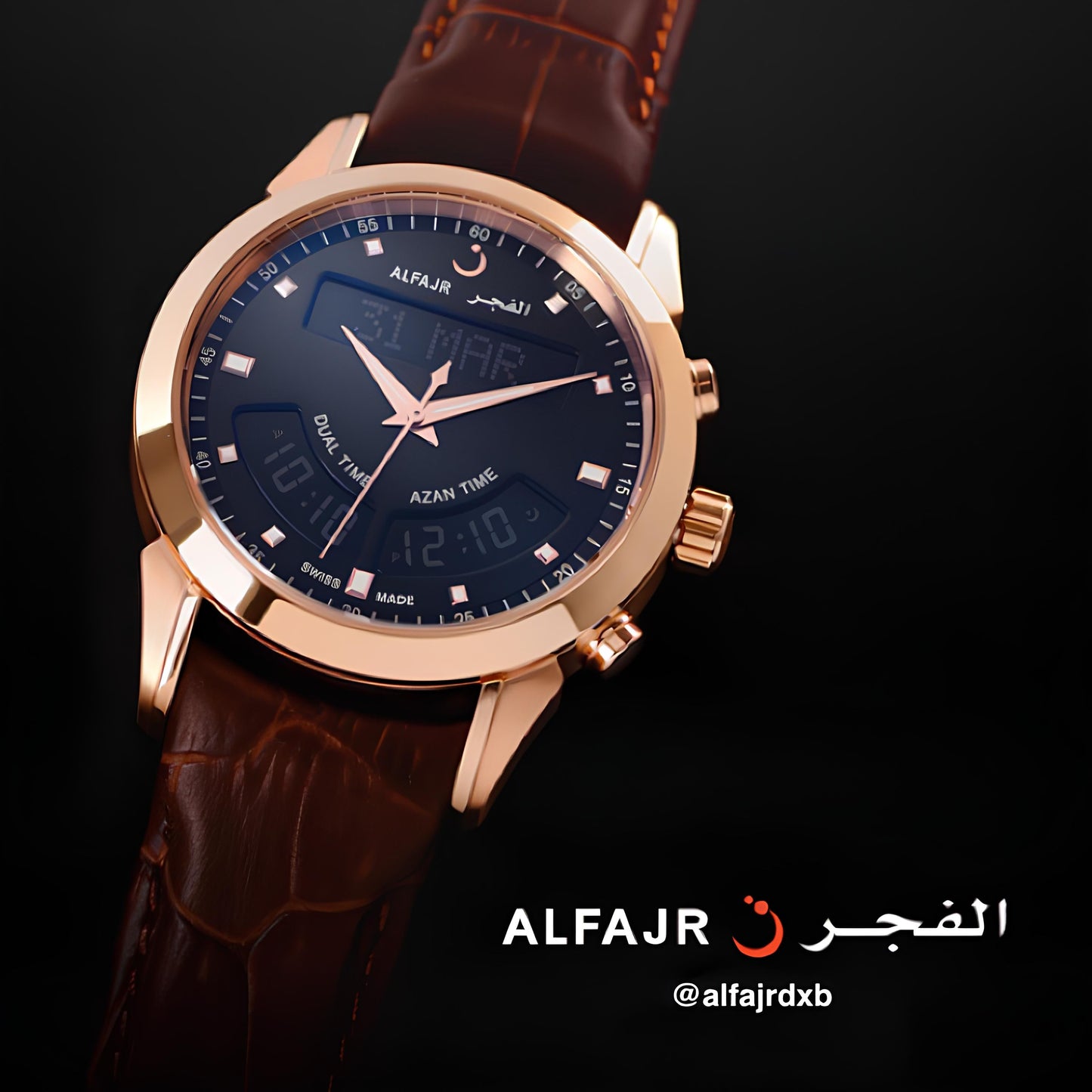 ALFAJR Legend 360 Leather Men's Watch, Dual Time Analog-Digital Display, Prayer Times, White, 40mm