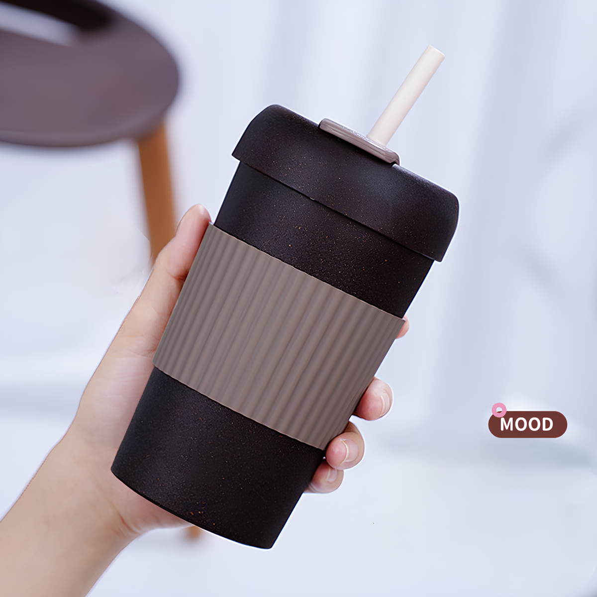MOOD Eco-Friendly Reusable Travel Coffee cupwith Silicone Grip & Straw